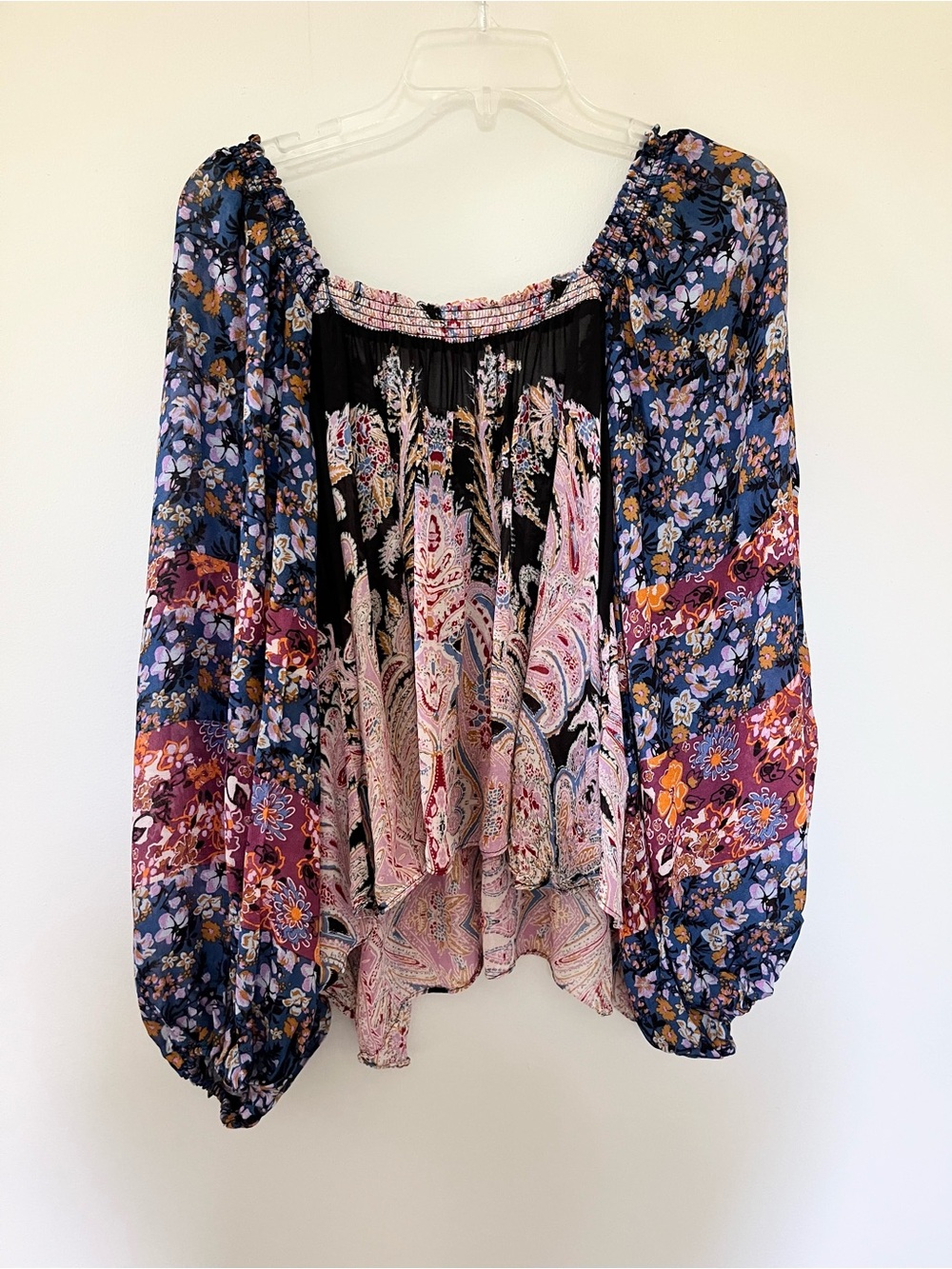 Free People Mixed Print Boho Floral Sheer Peasant Top XS Oversized